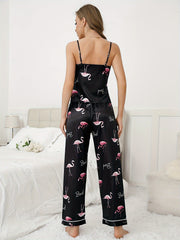 Crane Print Satin Pajama Set Women's Sleepwear