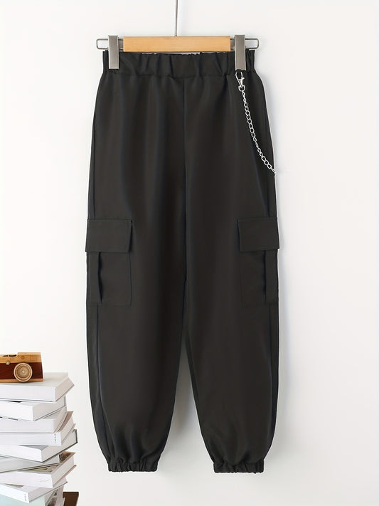 Boys Casual Cargo Pants With Chain Elastic Waist Jogger Pants
