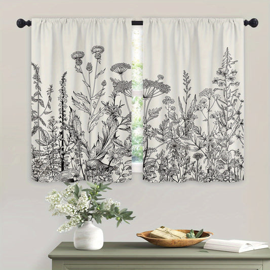2pcs Floral Flower Botanical Kitchen Curtains Rod Pocket Short Cafe