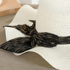 Boho Bow Ribbon Sunhat Wavy Edge Straw Hat Outdoor Sun Protection