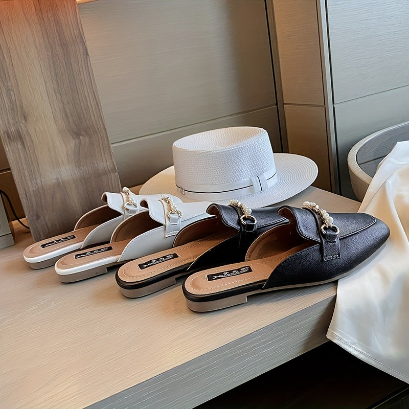 Pearl Chain Square Toe Mules Loafers
