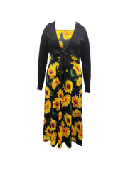  Sunflower Print Cami Dress & Long Sleeve Cardigan Set