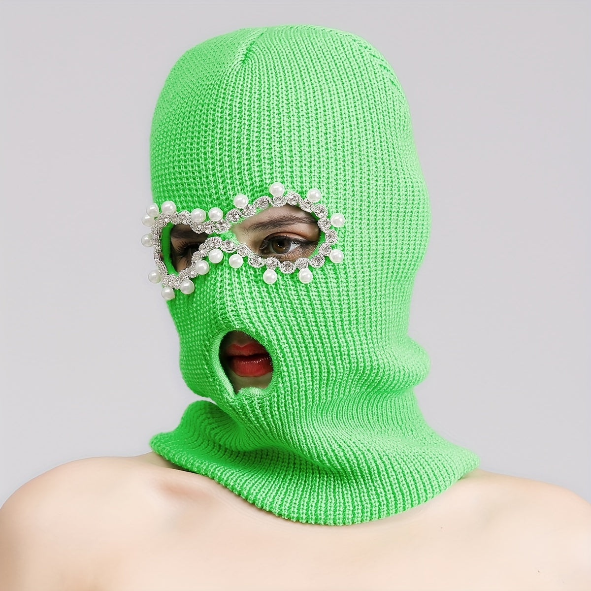 Green Y2K Balaclava Faux Pearl Decor Ski Mask