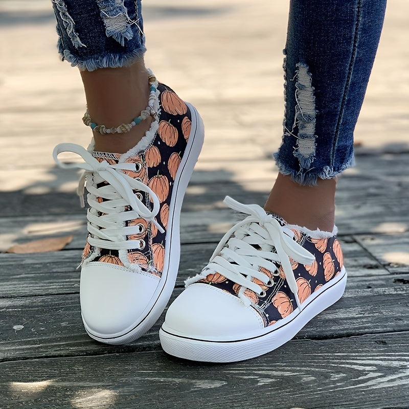 Women's Pumpkin Print Canvas Shoes Halloween Low Top Flat Walking Shoes