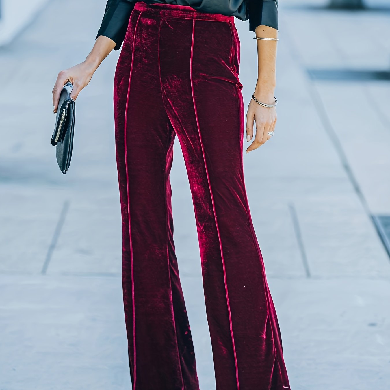  Velvet High Rise Stretch Flared Leg Trousers