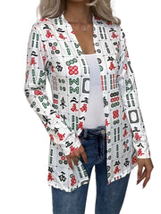  Open Front Cardigan V Neck Long Sleeve Stretch Print Casual