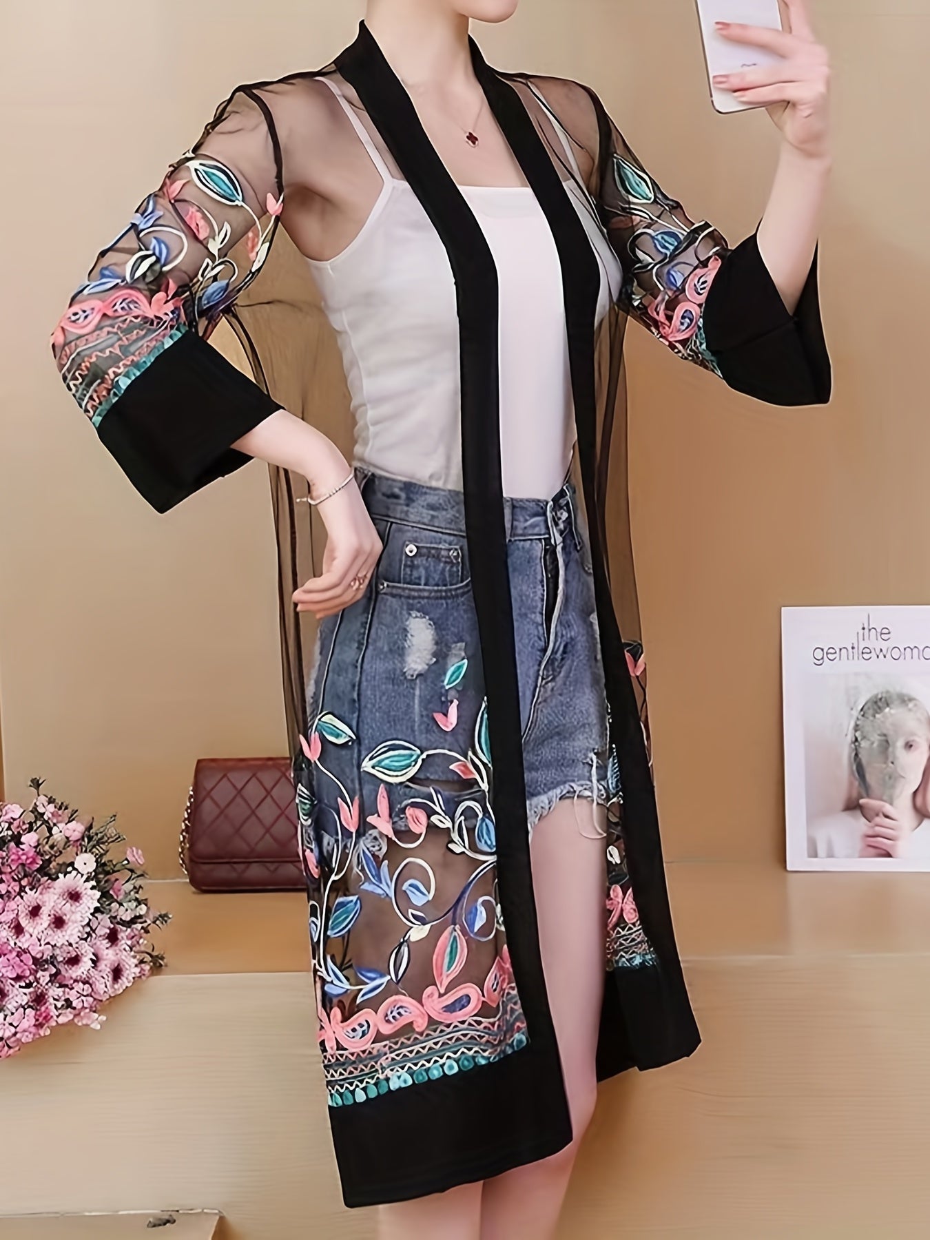 Floral Embroidered Sheer Cover Up Shirt Loose Fit Kimono