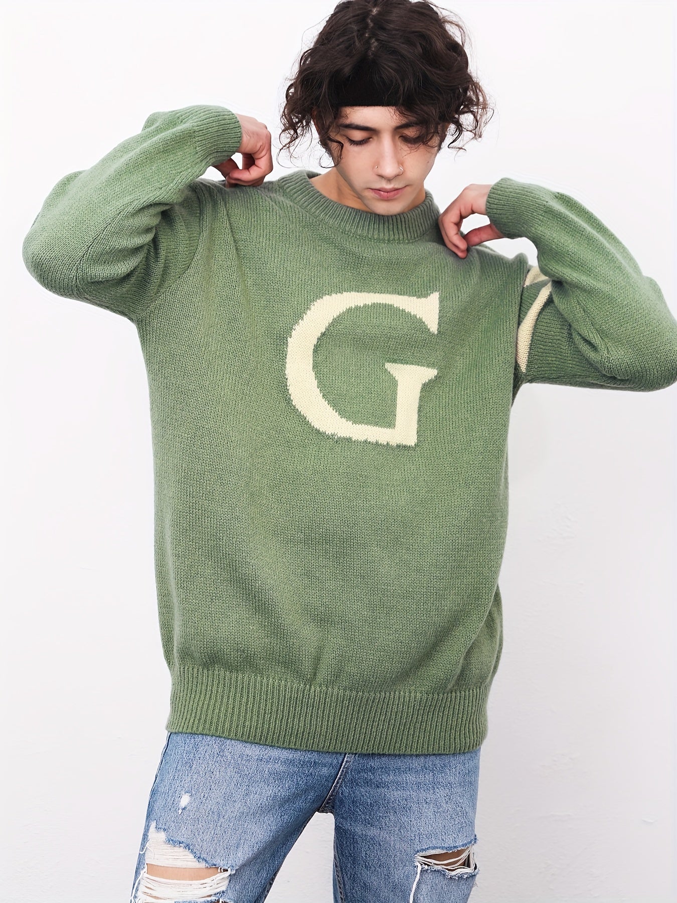 Men's ''G'' Pattern Sweater Warm Knit Pullover