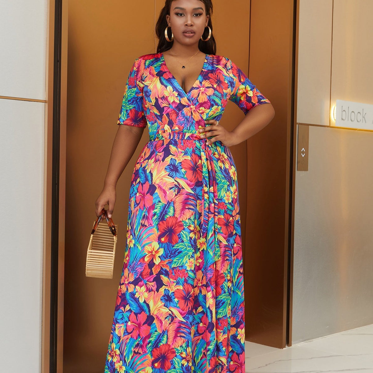  Flower Print High Waist Wrap Maxi Dress
