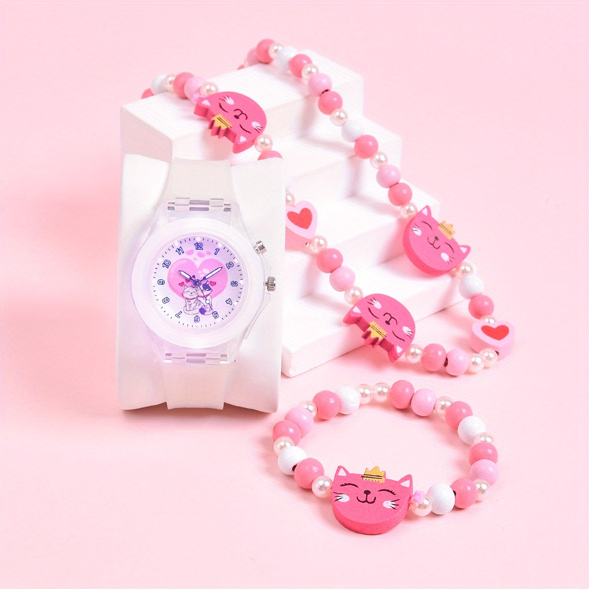 Double Cat Girls' Watch Soft Silicone Strap 3pcs Set