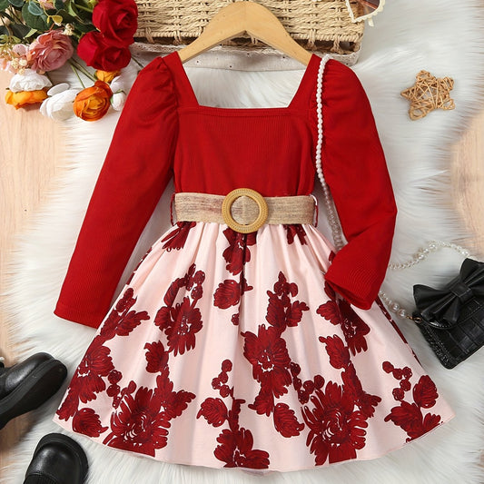 Floral Print Long Sleeve Dress with Belt for Toddler Girls