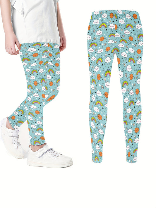 Cartoon Rainbow Print Skinny Leggings, Soft Comfy Tights Pants