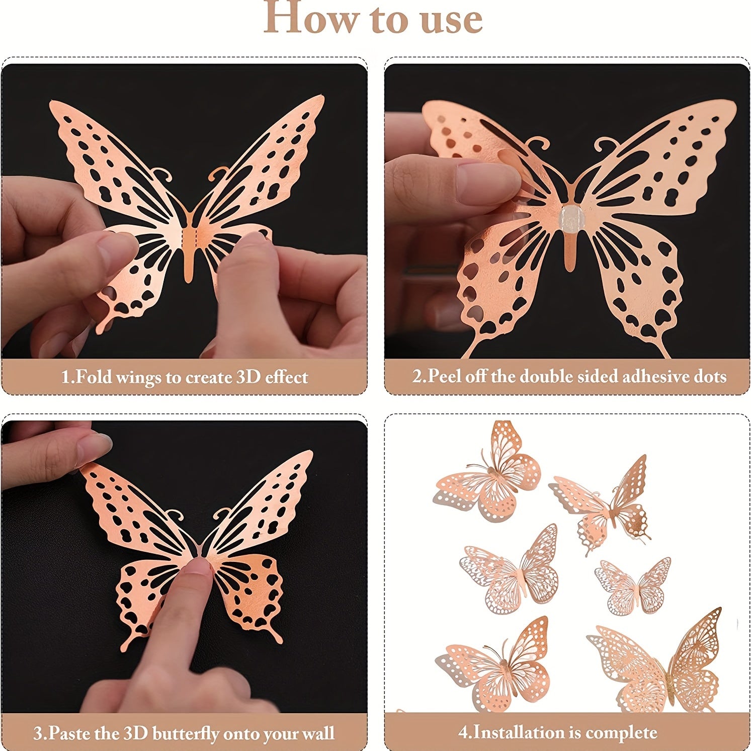 12pcs 3 Sizes 3D Butterfly Wall Decor Golden Decorations For Birthday Party Cake