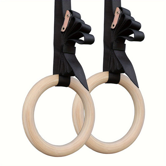 Wooden Gymnastics Rings with Adjustable Straps for Fitness Training