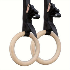 Wooden Gymnastics Rings with Adjustable Straps for Fitness Training