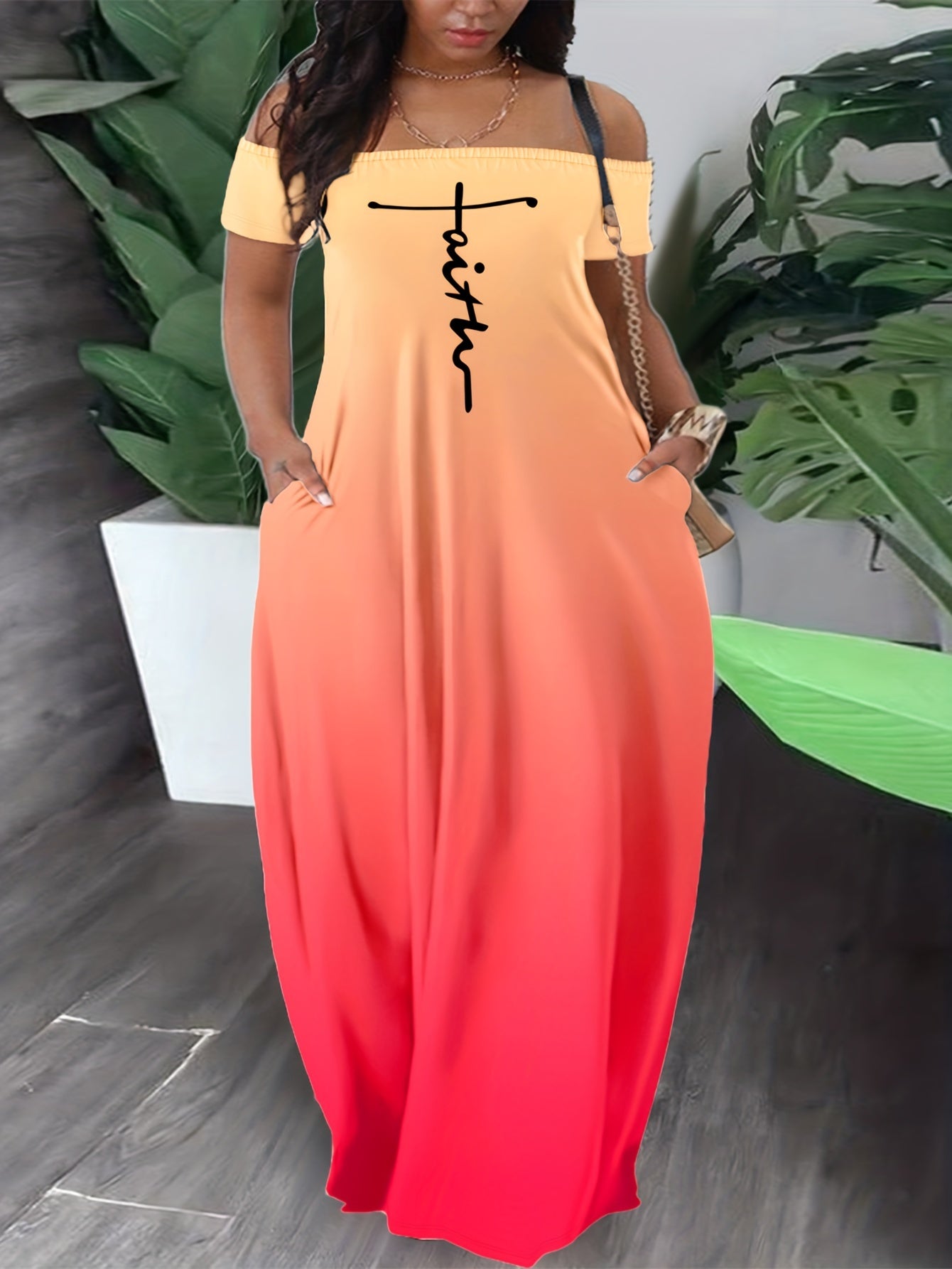  Casual Summer Dress Women's Plus Letter & Ombre Print Maxi Dress