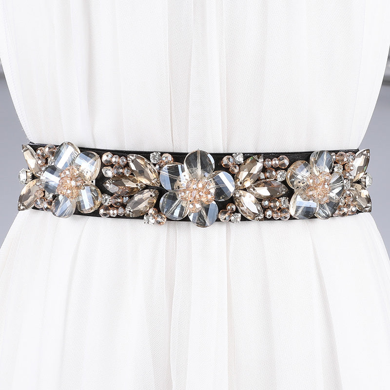 Women's Rhinestone Flower Elastic Belt