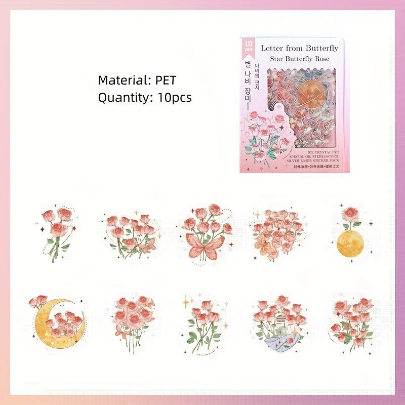 10pcs Flowers Rose Plant Moon Star Butterfly Stickers for DIY Scrapbooking