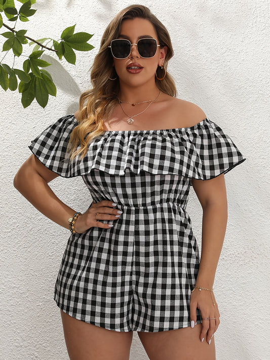  Off Shoulder Ruffle Trim Plaid Pattern Romper