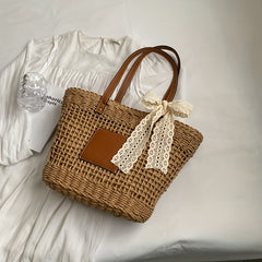 Straw Summer Beach Bag Woven Tote Scarf Decor Shoulder Bag