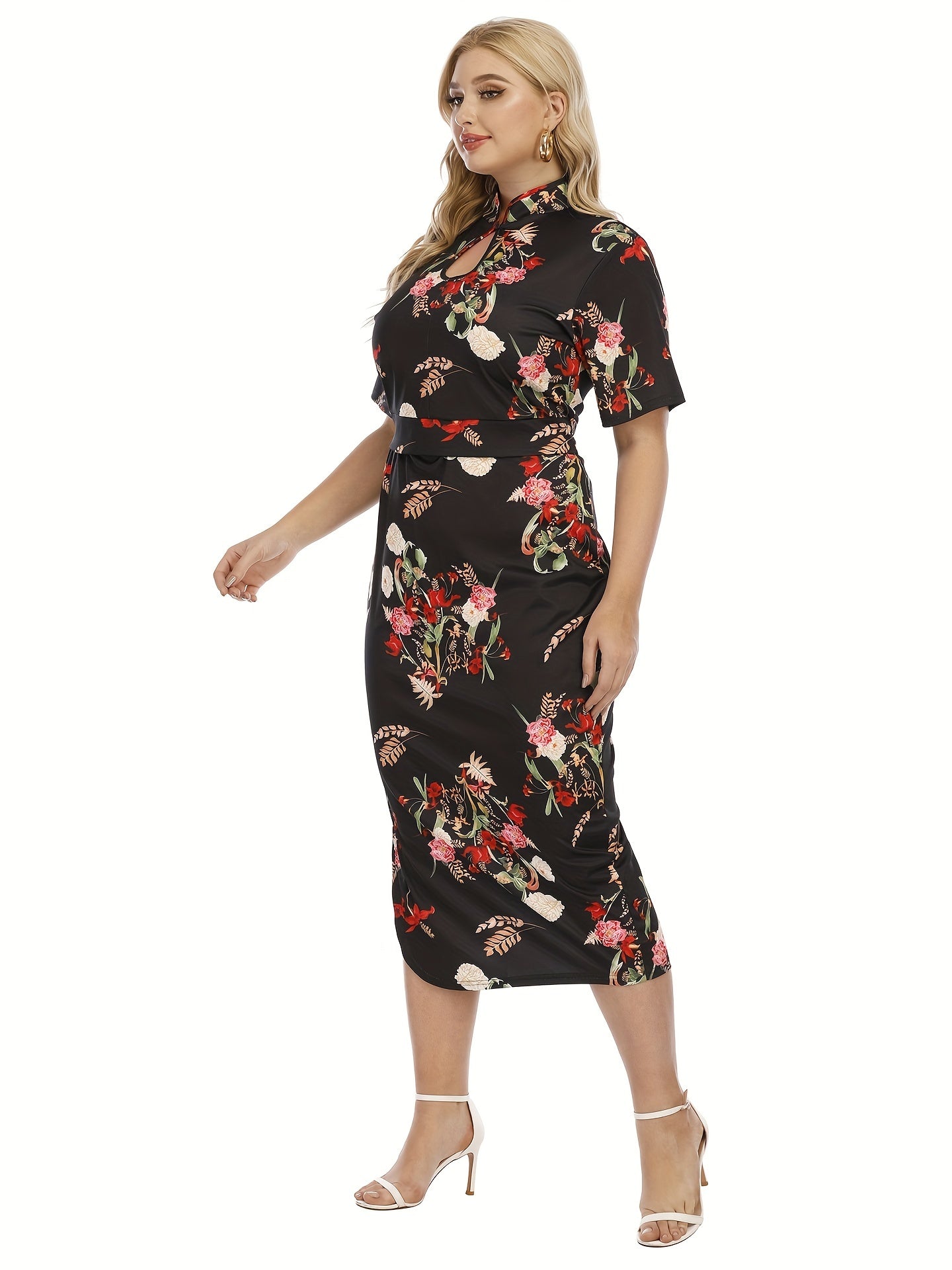 Women's Plus Floral Print Cut Out Crop Top & Bodycon Skirt Set