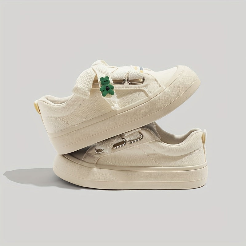 Women's Bear Decor Platform Canvas Sneakers Lace Up Skate Shoes