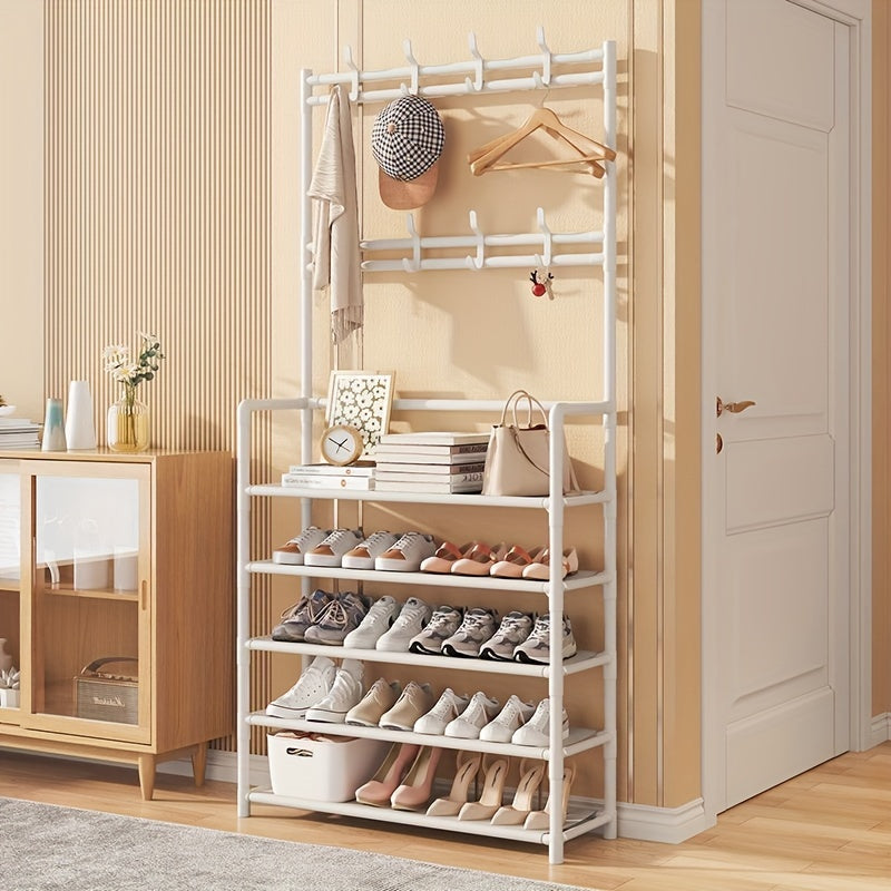 4 Tier Standing Shoe Rack with 8 Hooks - Multi-functional Shoe and Hat Rack