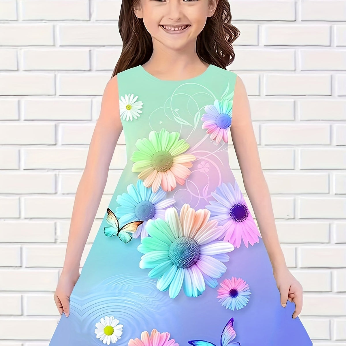 Girls Sweet Flower Graphic Sleeveless Dress