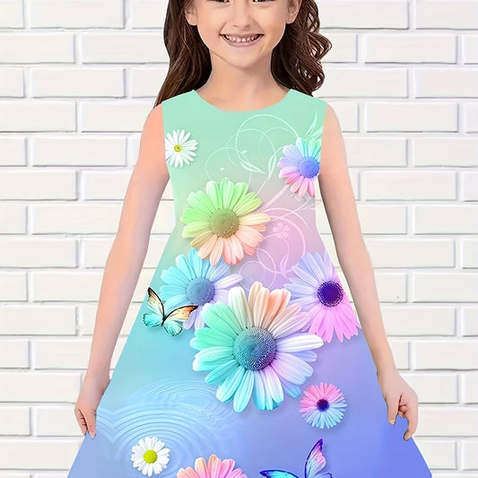 Girls Sweet Flower Graphic Sleeveless Dress