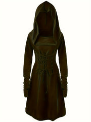  Gothic Lace Up Long Sleeve Hooded Dress