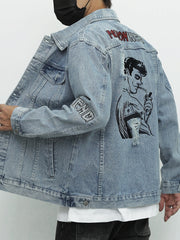 Graphic Print Denim Jacket Men's Casual Lapel Street Style Denim Jacket