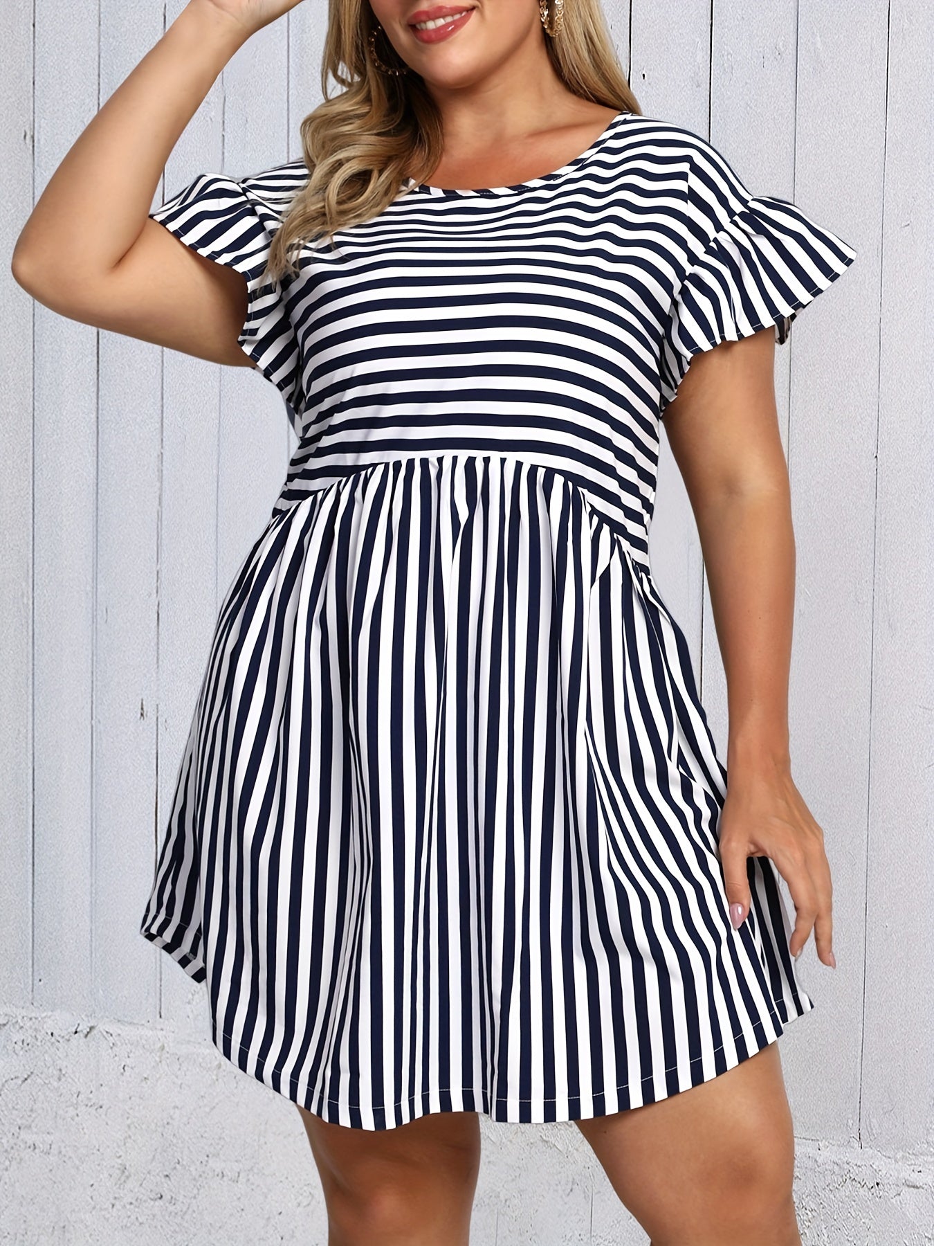  Stripe Print Ruffle Trim Mini Dress