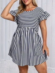  Stripe Print Ruffle Trim Mini Dress