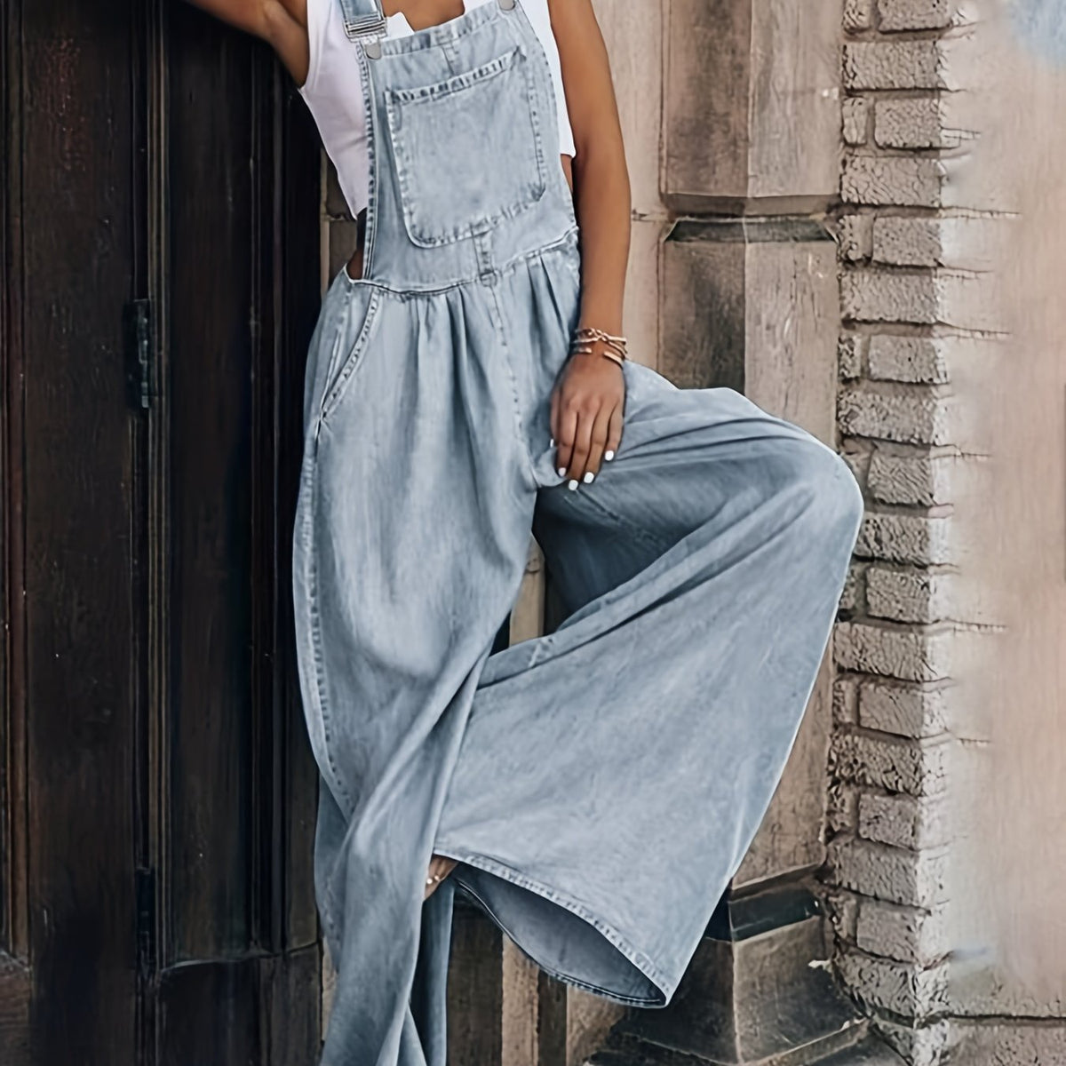  Solid Wide Leg Denim Overalls
