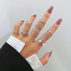 Geometric Cross Pearl Ring Set Women's Jewelry