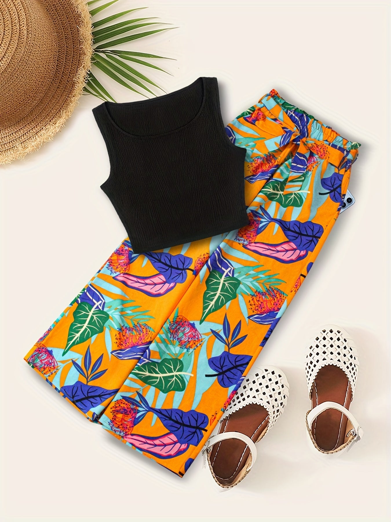 Boho Tank Top & Tropical Print Wide Leg Pants Set