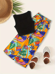 Boho Tank Top & Tropical Print Wide Leg Pants Set