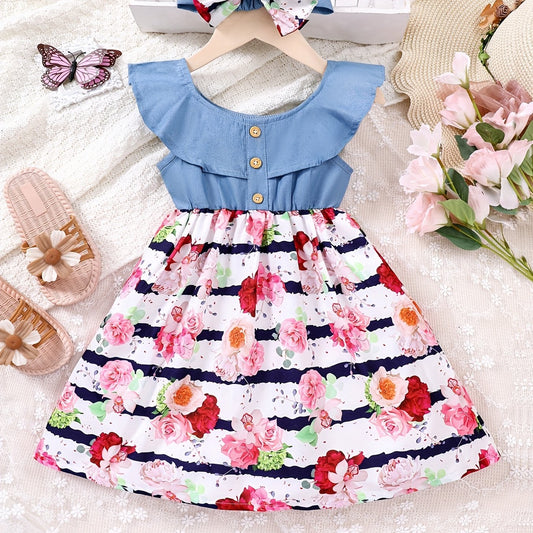 Girls Sleeveless Ruffles Crew Neck Button Floral Princess Dress