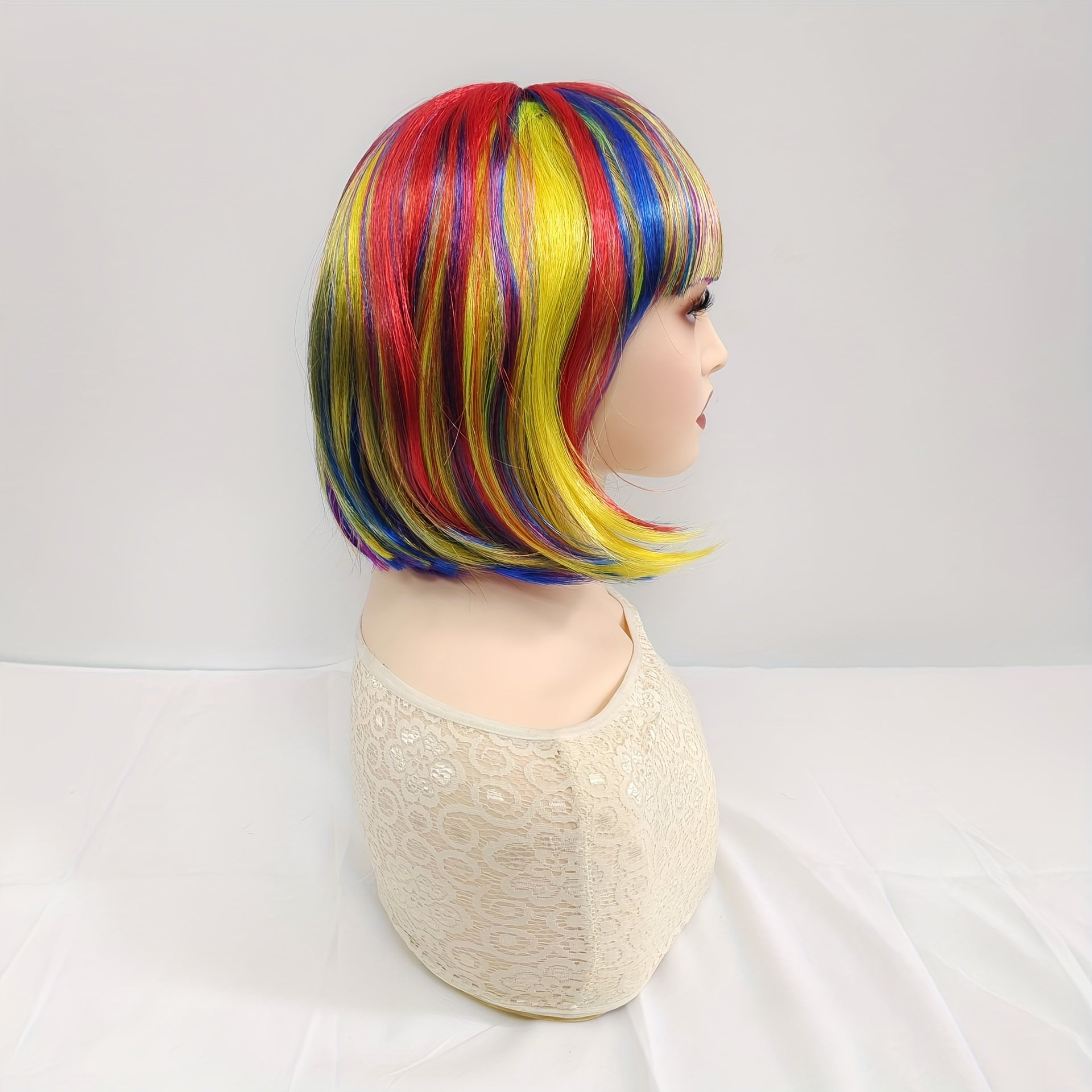 Rainbow Colors Short Hair Bob Wig With Bangs Synthetic Cosplay Daily Party Wig