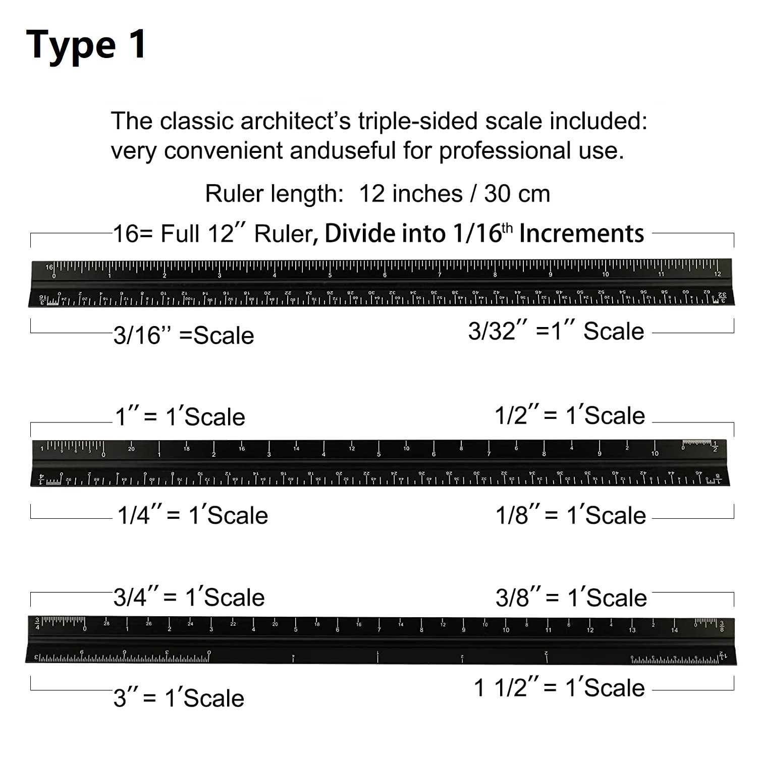 12'' Laser Etched Aluminum Architect Triangular Ruler