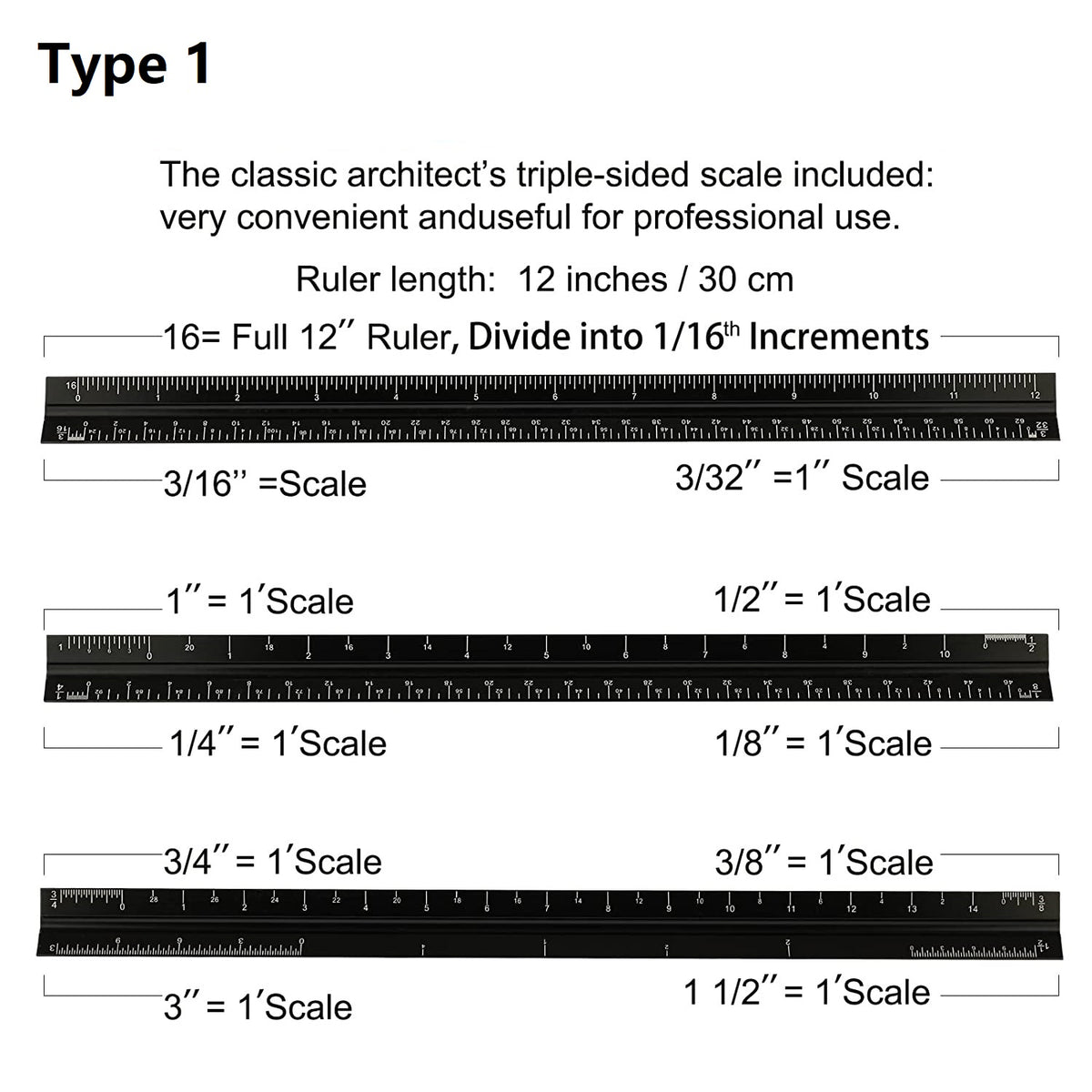 12'' Laser Etched Aluminum Architect Triangular Ruler