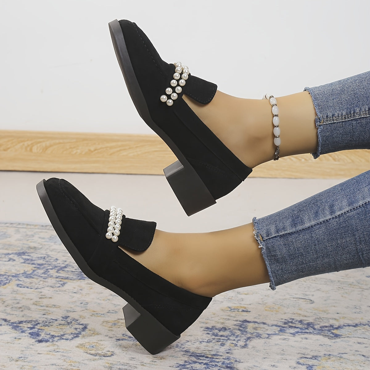 Retro Pearl Loafers Chunky Heel Shoes