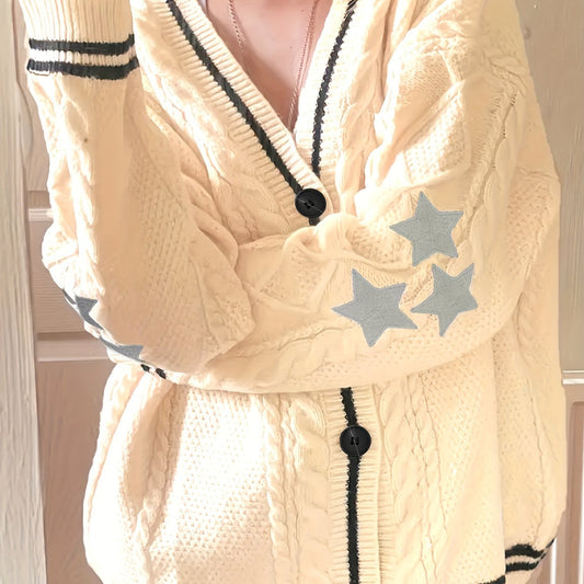  Stripe & Star Print Button Up Long Sleeve Cardigan