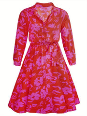  Floral Print Button Up Long Sleeve A-line Dress With Belt
