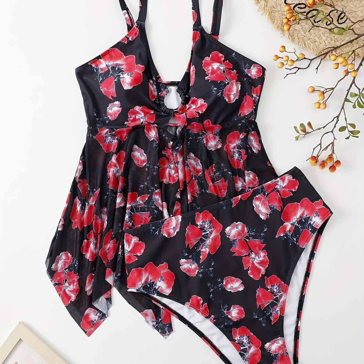  Floral Print Tankini Set Women's Ring Cut Out Swimsuit Two Piece Set