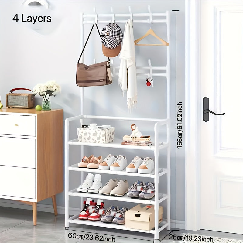 1pc Entrance Coat Rack Foyer Shoe Rack with Storage Shelves & Hooks