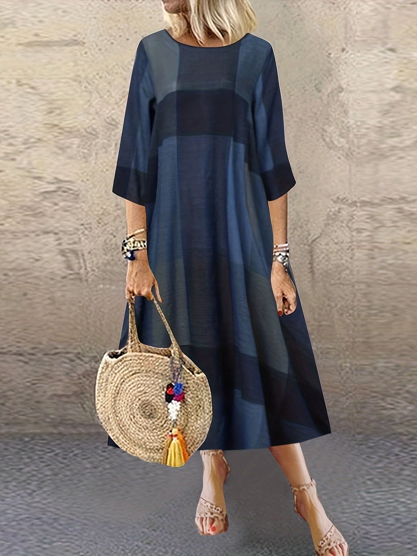  Colorblock Print Half Sleeve Round Neck Stretch Dress