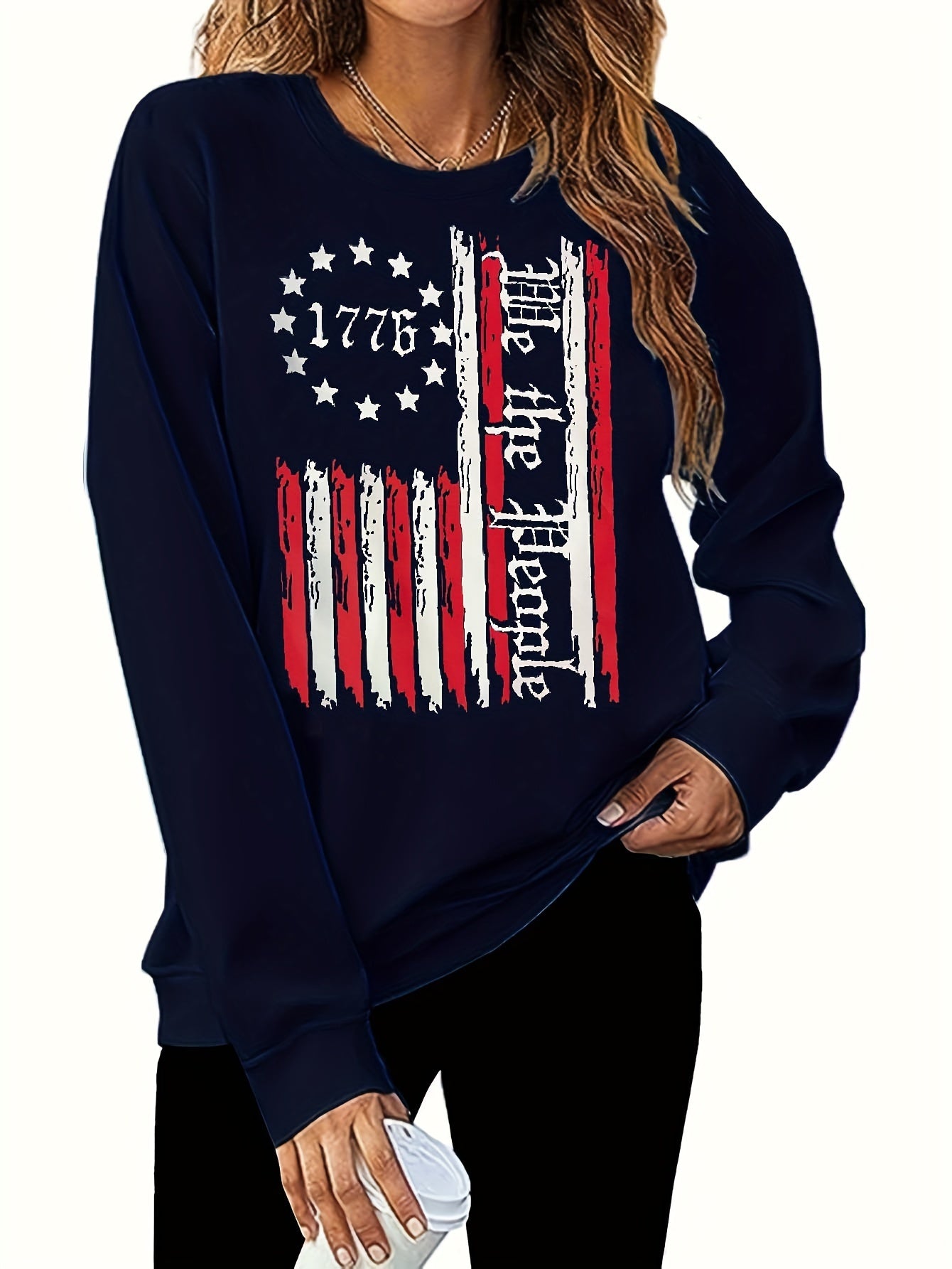  Flag Print Long Sleeve Round Neck Pullover Top