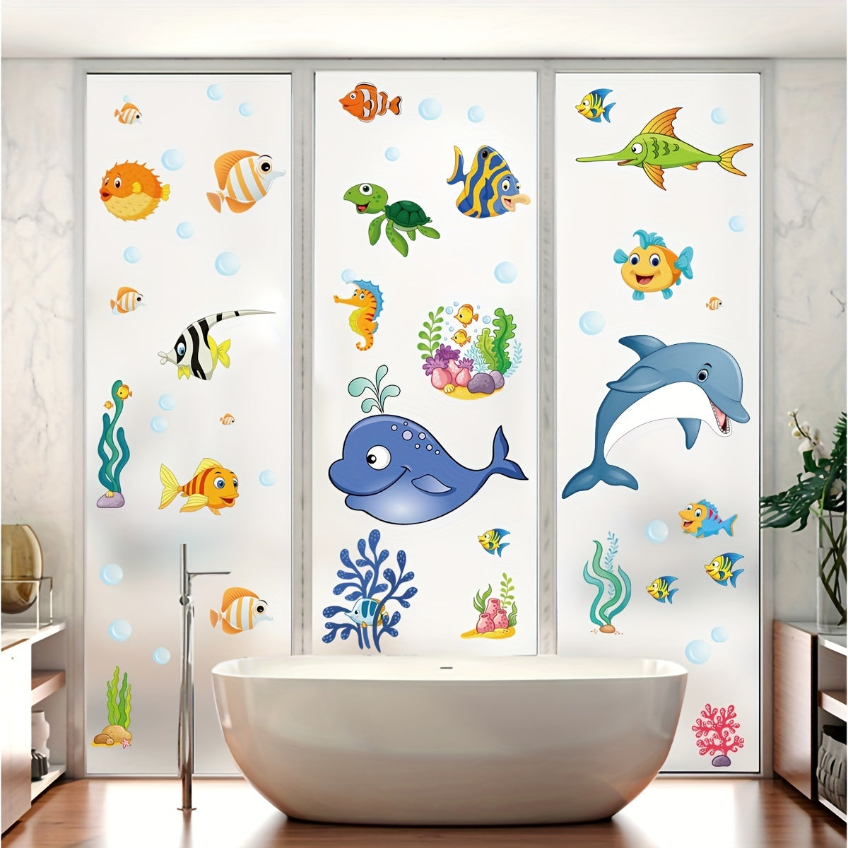 Ocean Fish Dolphin Stained Glass Privacy Film Non-Adhesive UV Blocking
