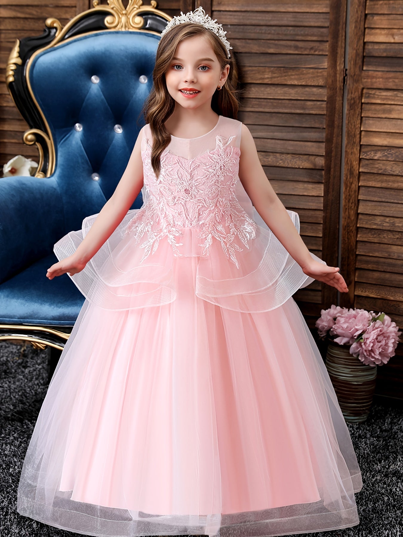 Girls Ruffled Mesh Embroidered Princess Dress Sleeveless Dress